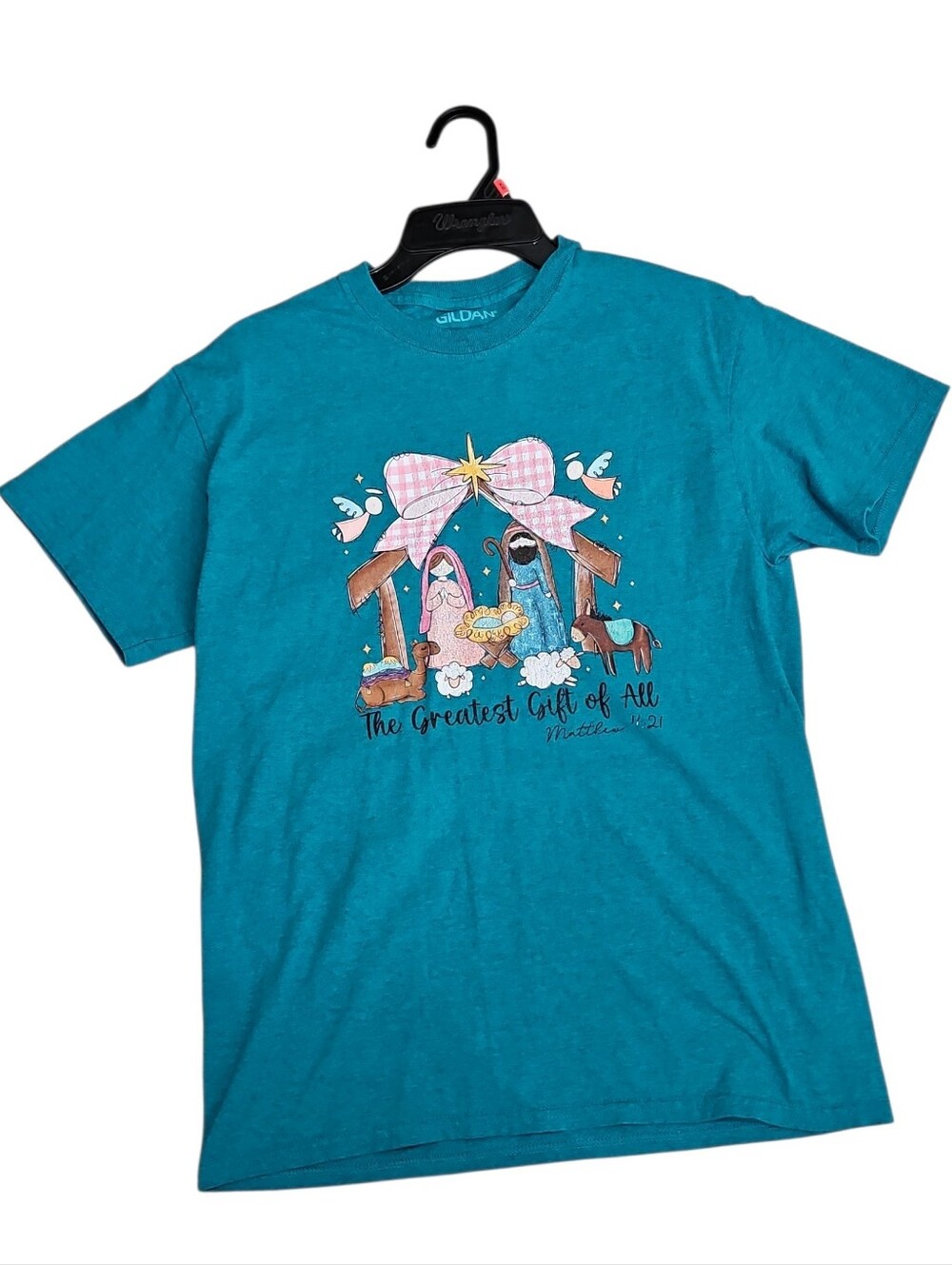 Teal Womens Graphic T-Shirt Gildan Jesus True Story Matthew Size Medium